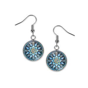 Icy Blue Snowflake Stained Glass Art Christmas Silver Dangle Earrings Gift Idea
